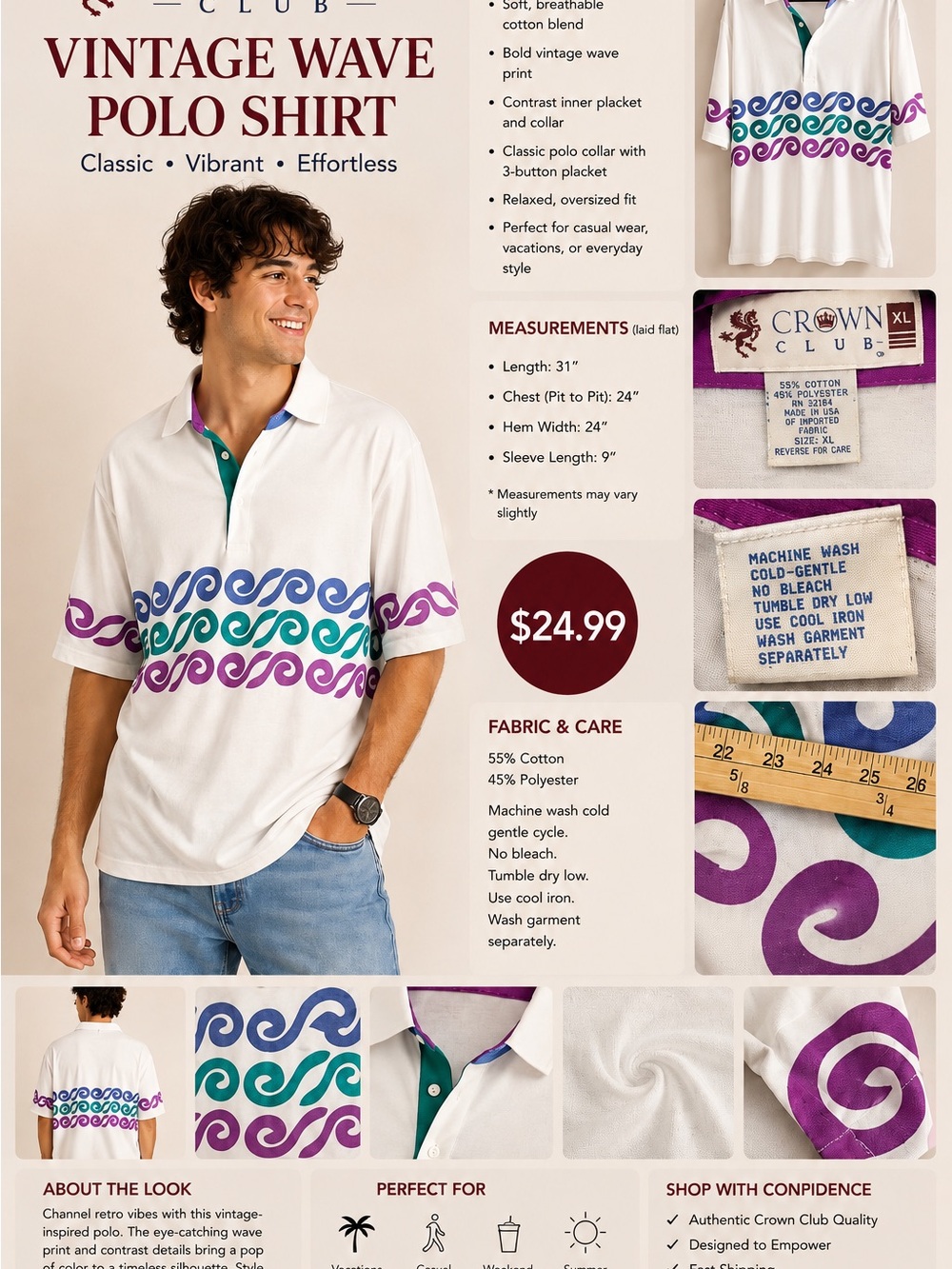 Crown White Short-Sleeve Polo with Blue, Teal & Purple Wave Bands